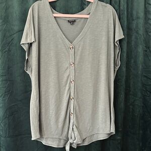 torrid Sage Green V-Neck Button Front Tie Hem Top